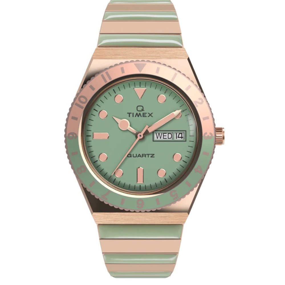 NEW! Q Timex Malibu 36mm Stainless Steel Expansion Band Watch green peach